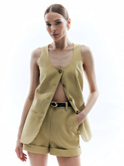 Düğmeli Bölünmüş Plise Yelek