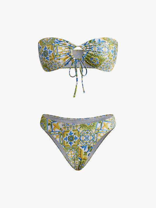 Straplez Baskılı Düğümlü Bikini Takımı