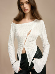 Soğuk Omuz Kesik Plise Tişört