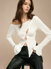 Soğuk Omuz Kesik Plise Tişört