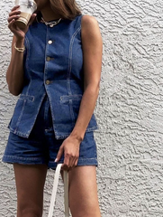 Kot Peplum Yelek ve Şort Takımı