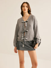 V Yaka Fiyonk Bağlamalı Hırka