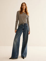 Çizgili Asimetrik Yaka Tişört