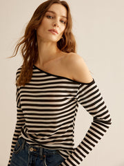 Çizgili Asimetrik Yaka Tişört