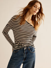 Çizgili Asimetrik Yaka Tişört