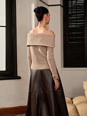 Düz Yün Karışımlı Omuzları Açık Kazak