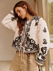 Bohem Baskılı Dantel Detaylı Ceket