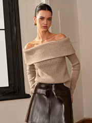 Düz Yün Karışımlı Omuzları Açık Kazak