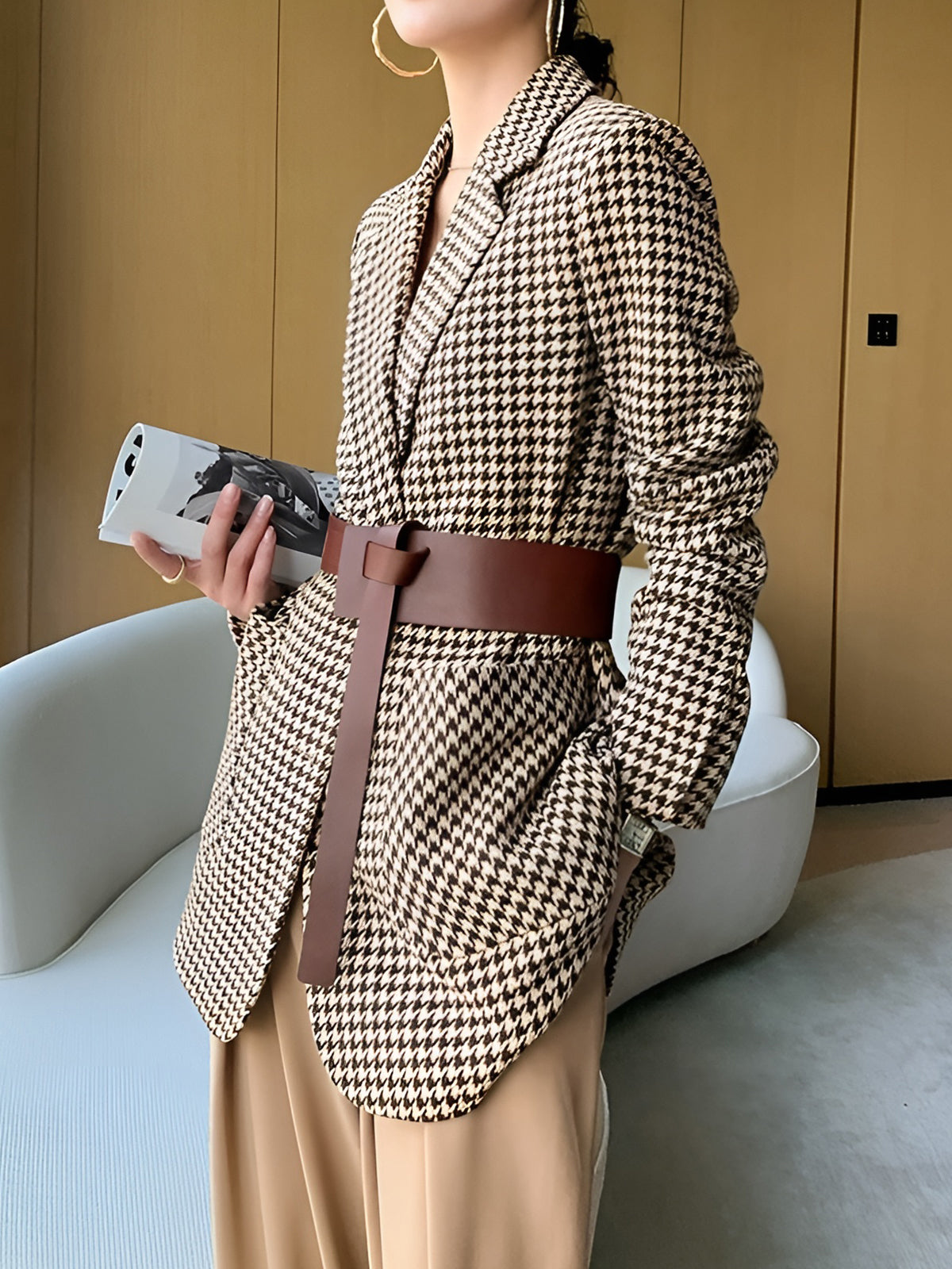 Kemerli Balık Sırtı Desenli Blazer