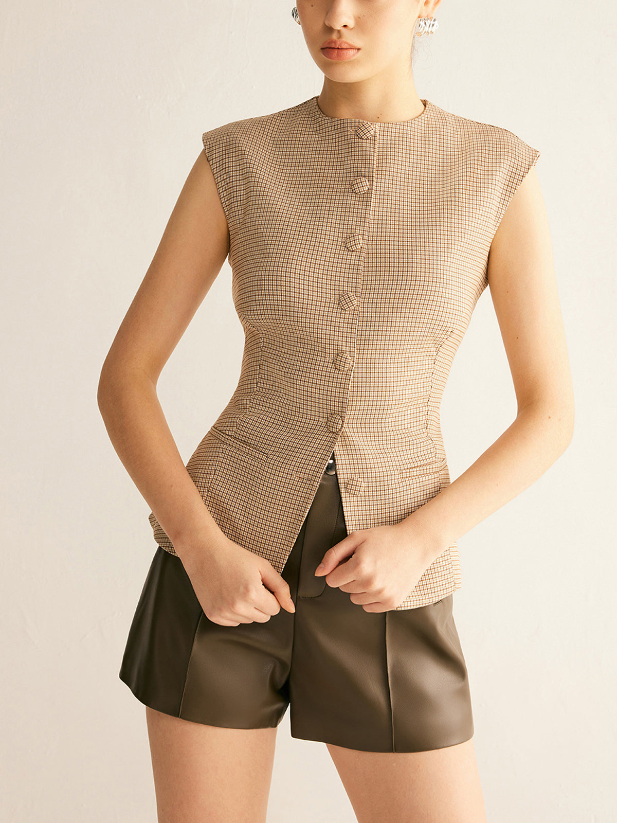 Ekose Düğmeli Dar Kesim Yelek