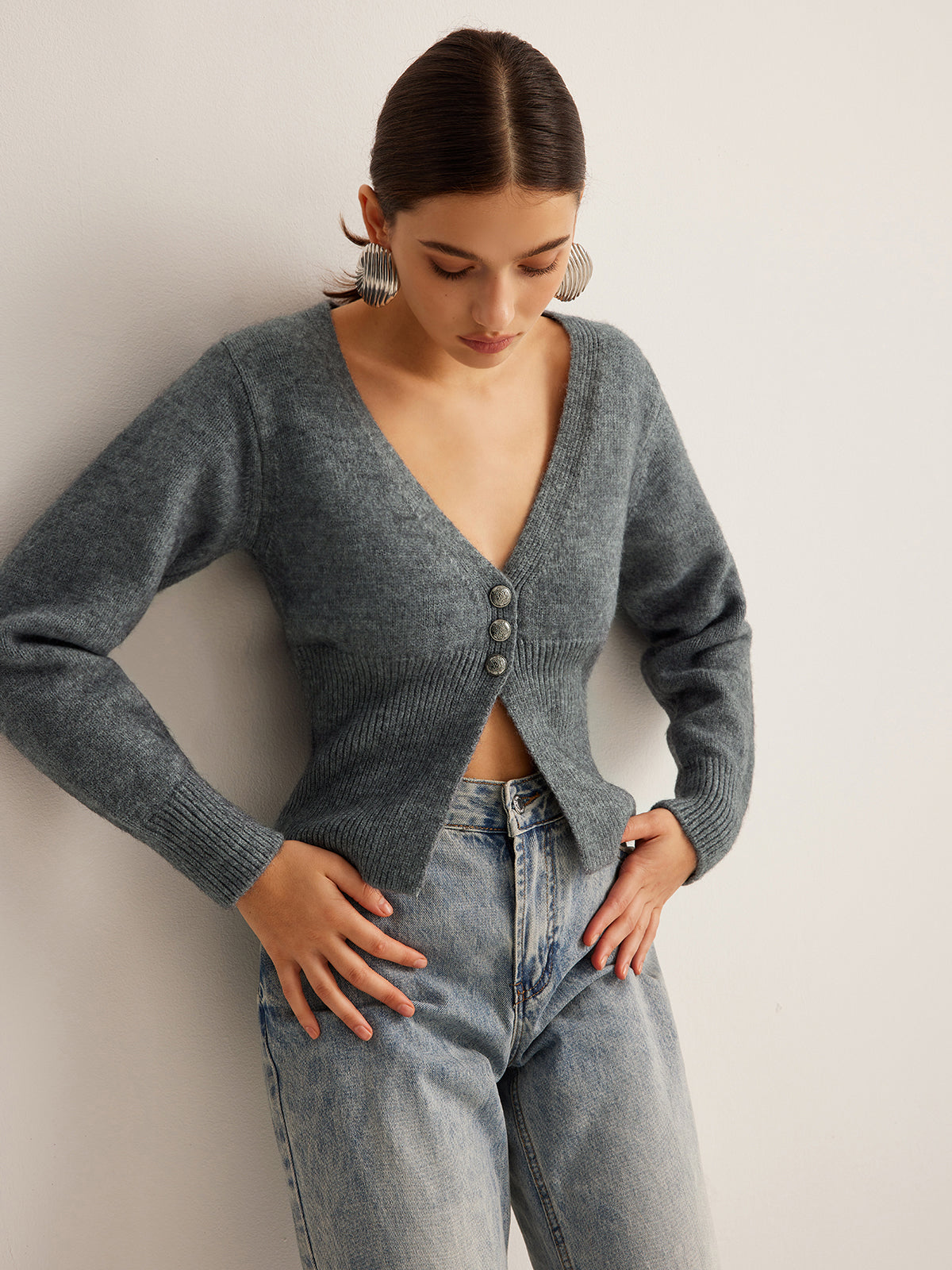 Ribanalı V Yaka Açık Hırka