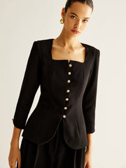 Yırtmaçlı Kare Yaka Düğmeli Bluz