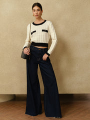 Kontrast Kenarlı Çizgili Kazak