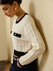 Kontrast Kenarlı Çizgili Kazak