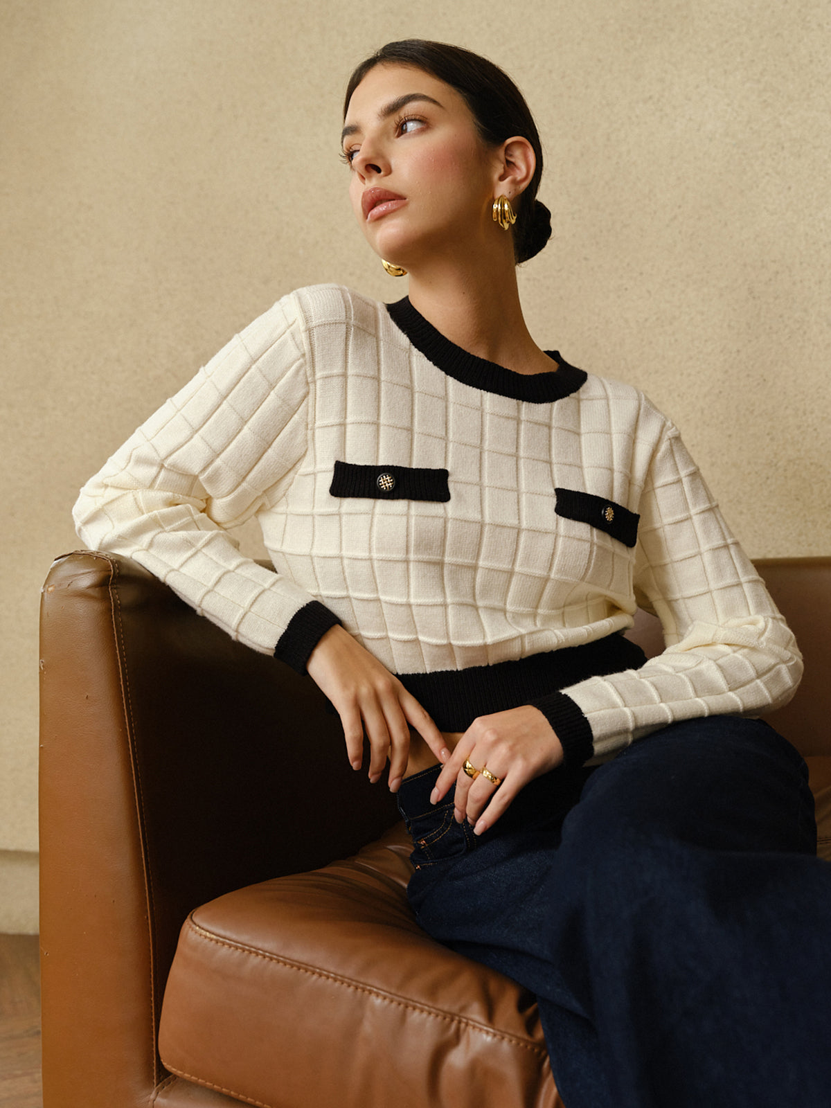 Kontrast Kenarlı Çizgili Kazak