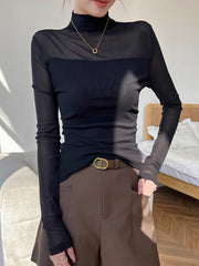 Şeffaf Yarım Balıkçı Yaka Ağ Desenli Tişört