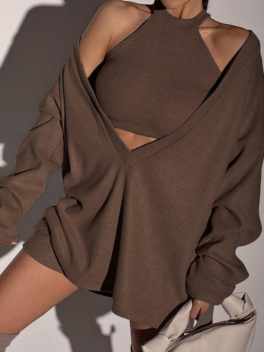 Yelekli Düz Kaburga Örgü Sweatshirt