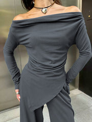 Asimetrik Fırfırlı Örgü Pantolon Takımı