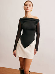 Asimetrik Kırışık Yarı Şeffaf Tişört