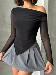 Asimetrik Kırışık Yarı Şeffaf Tişört