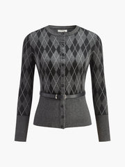 Rombik Desenli Kemerli Düğmeli Hırka