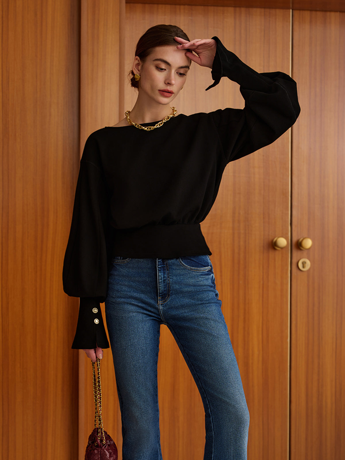 Çan Kollu Büzgülü Sweatshirt