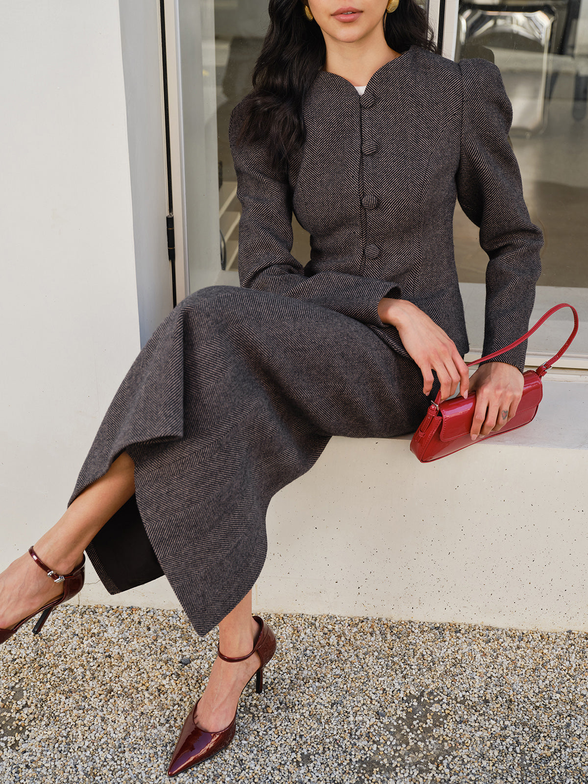 Chevron Düğmeli İnce Blazer