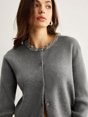 Strasslı Yaka Düğmeli Hırka