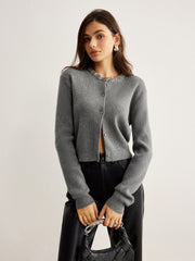 Strasslı Yaka Düğmeli Hırka