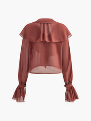 V Yaka Yarı Şeffaf Volanlı Bluz