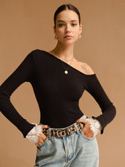 Asimetrik Dantel Manşetli Kazak