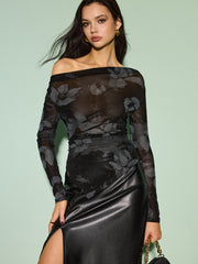 Asimetrik Baskılı Yarı Şeffaf Tişört