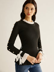 İncili Dekor Paneli Plise Bluz