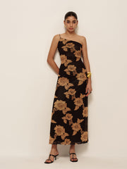 Asimetrik Baskılı Soğuk Omuz Elbisesi