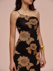 Asimetrik Baskılı Soğuk Omuz Elbisesi