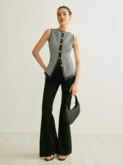 Damat Desenli Düğmeli Kontrast Kenarlı Yelek