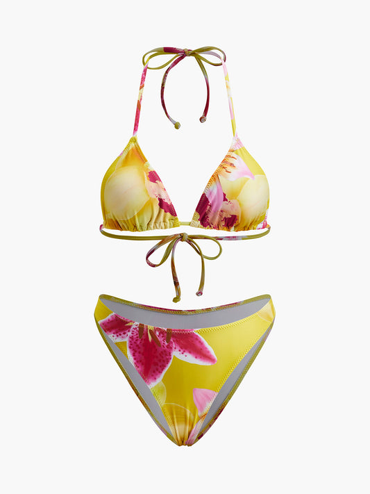 Jersey Çiçek Desenli Bağcıklı Bikini Takımı