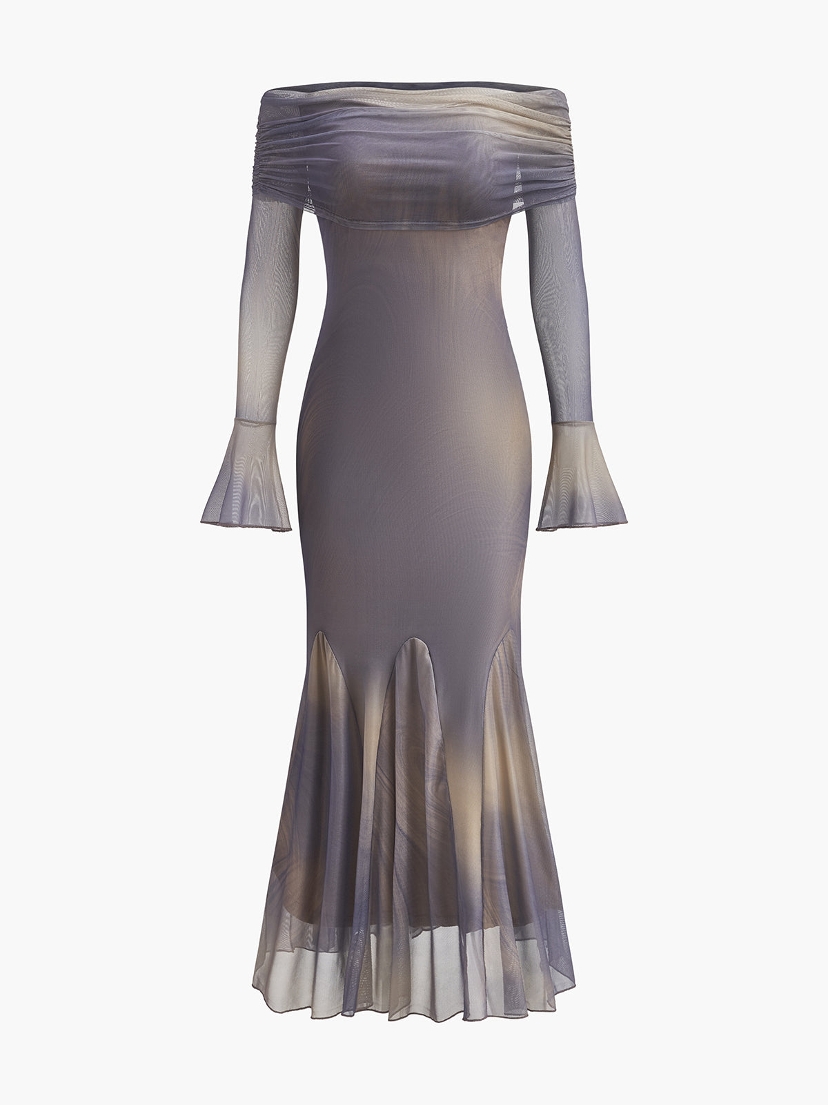 Yarı Şeffaf Tek Omuzlu Çan Kollu Elbise