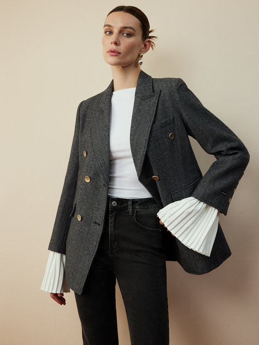 Yün Karışımlı Chevron Tweed Kesim Blazer