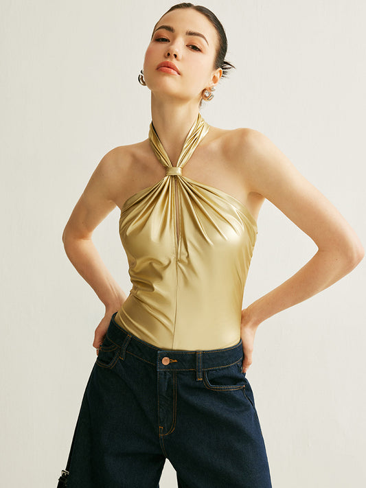 Pu Çapraz Sırtlı Halter Bodysuit