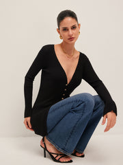 Kanal Detaylı Yırtmaçlı Düğmeli Hırka