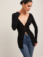 Kanal Detaylı Yırtmaçlı Düğmeli Hırka