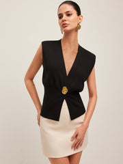 V Yaka Düğmeli Süveter Yelek