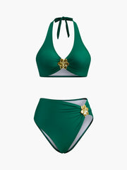 Metalik Çiçek Detaylı Boyun Bağlı Bikini