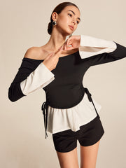 Kalın Kontrastlı Omuz Açık Düz Yaka Bluz