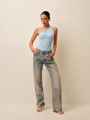 Asimetrik Dantel Kesik Sırt Tek Parça