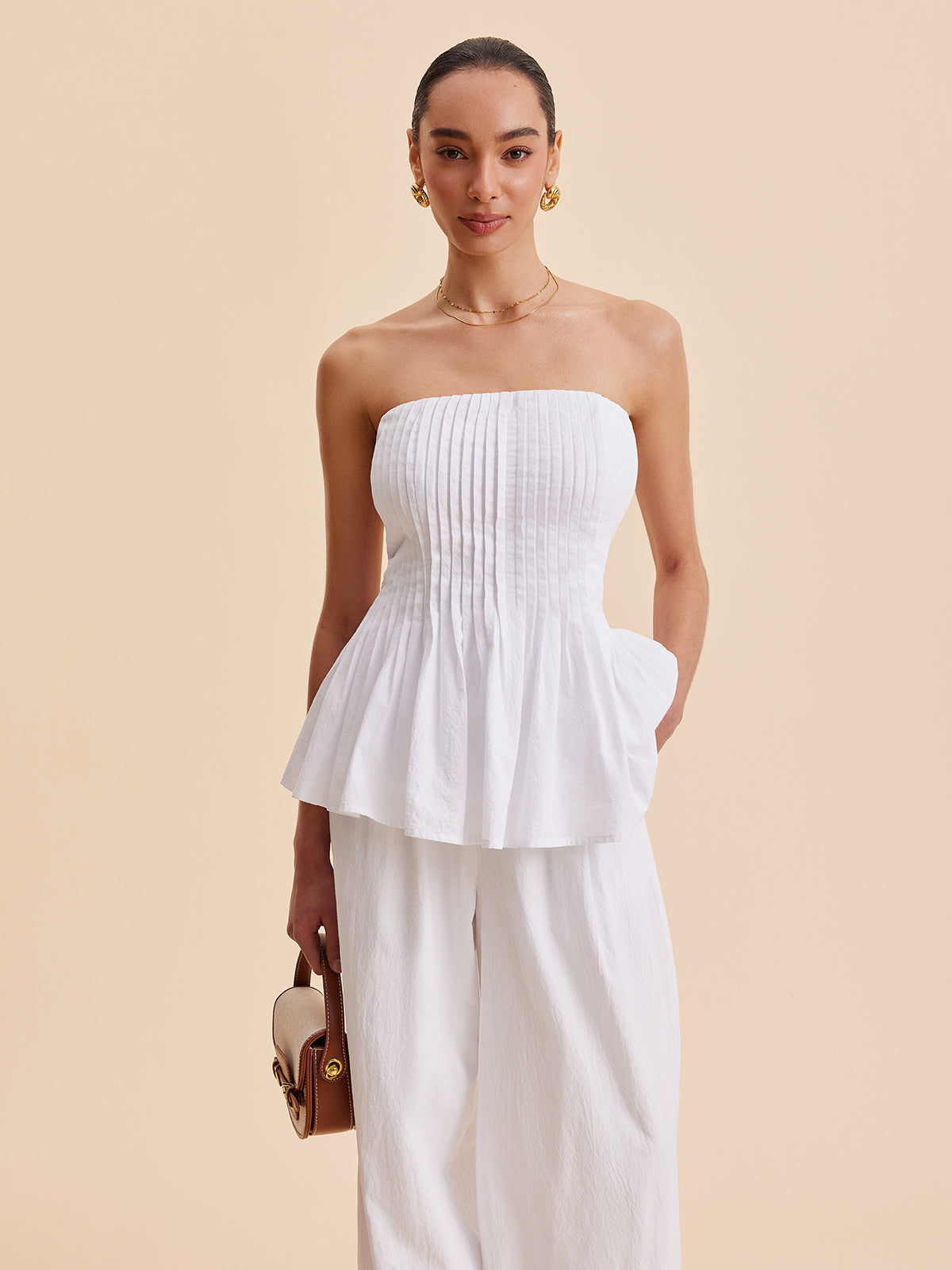 Plise Straplez Peplum Üst