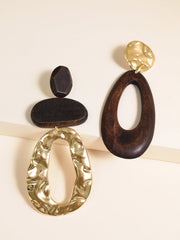 Asimetrik Ahşap ve Metal Damla Küpe