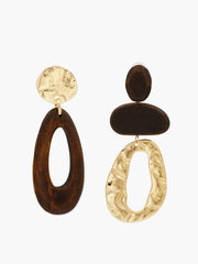 Asimetrik Ahşap ve Metal Damla Küpe