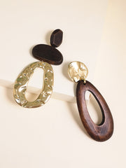 Asimetrik Ahşap ve Metal Damla Küpe